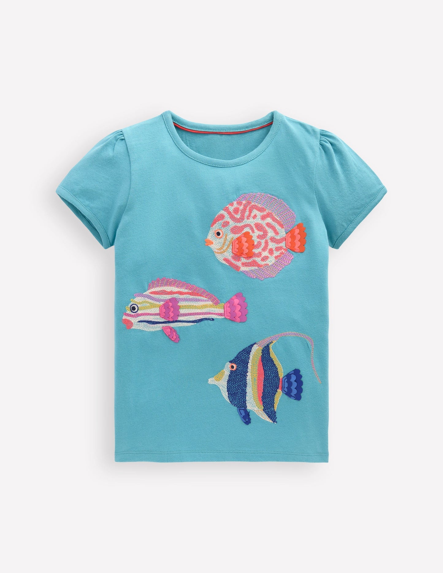 Puff Sleeve Superstitch Top - Aqua Sea Blue Fish
