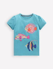 Puff Sleeve Superstitch Top - Aqua Sea Blue Fish