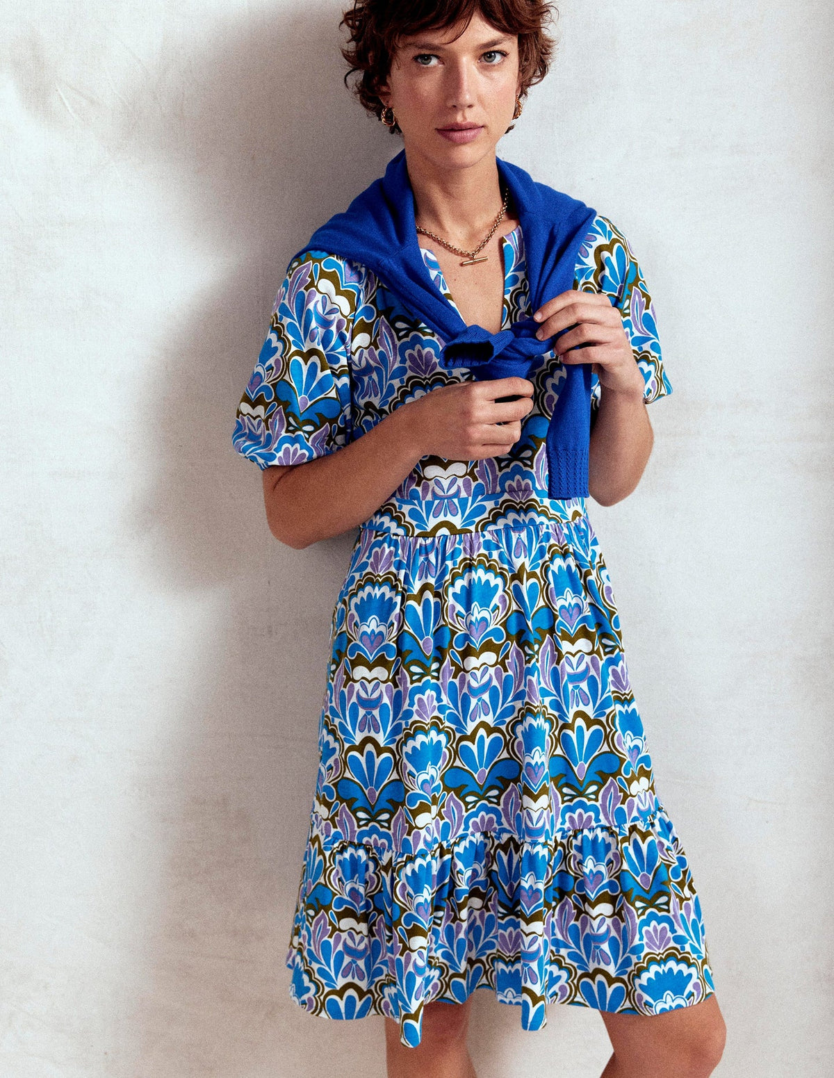 Piper Short Jersey Dress - Kingfisher Blue, Freesia Stamp