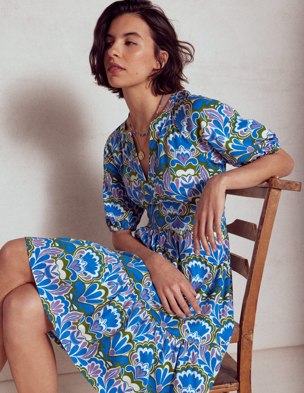 Piper Short Jersey Dress - Kingfisher Blue, Freesia Stamp