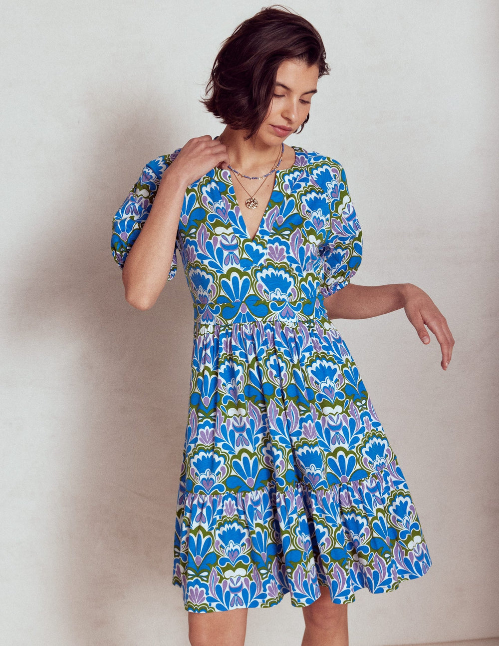Piper Short Jersey Dress - Kingfisher Blue, Freesia Stamp