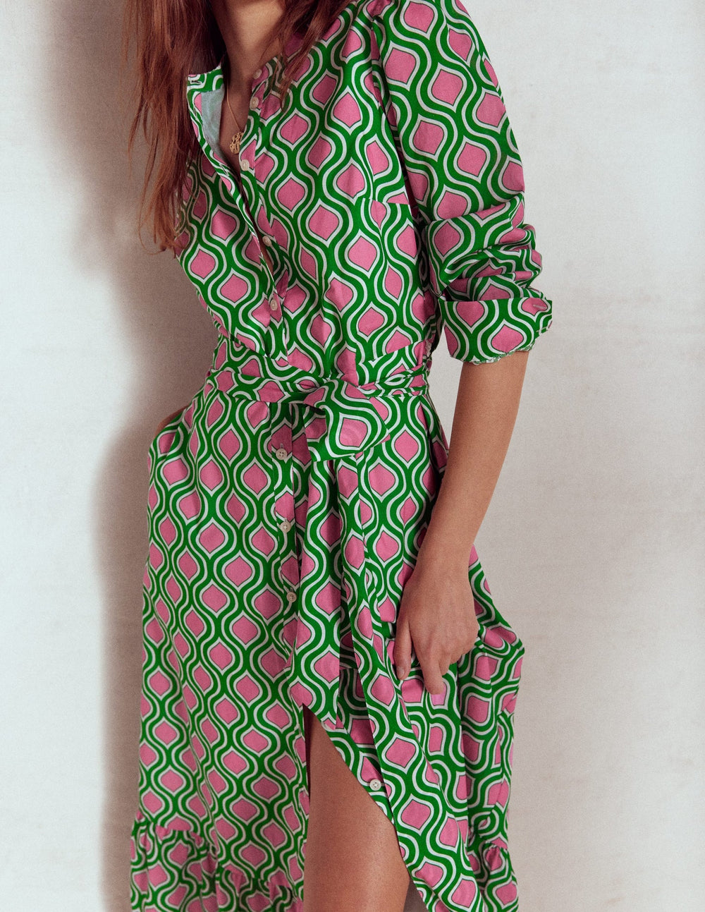 Mia Tiered Shirt Dress - Rich Emerald, Geo Trellis