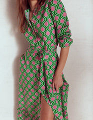 Mia Tiered Shirt Dress - Rich Emerald, Geo Trellis