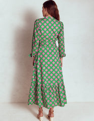Mia Tiered Shirt Dress - Rich Emerald, Geo Trellis
