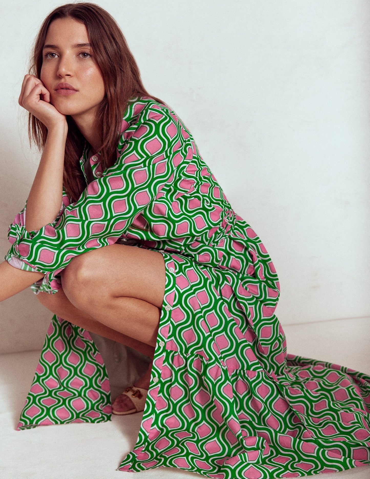 Mia Tiered Shirt Dress - Rich Emerald, Geo Trellis