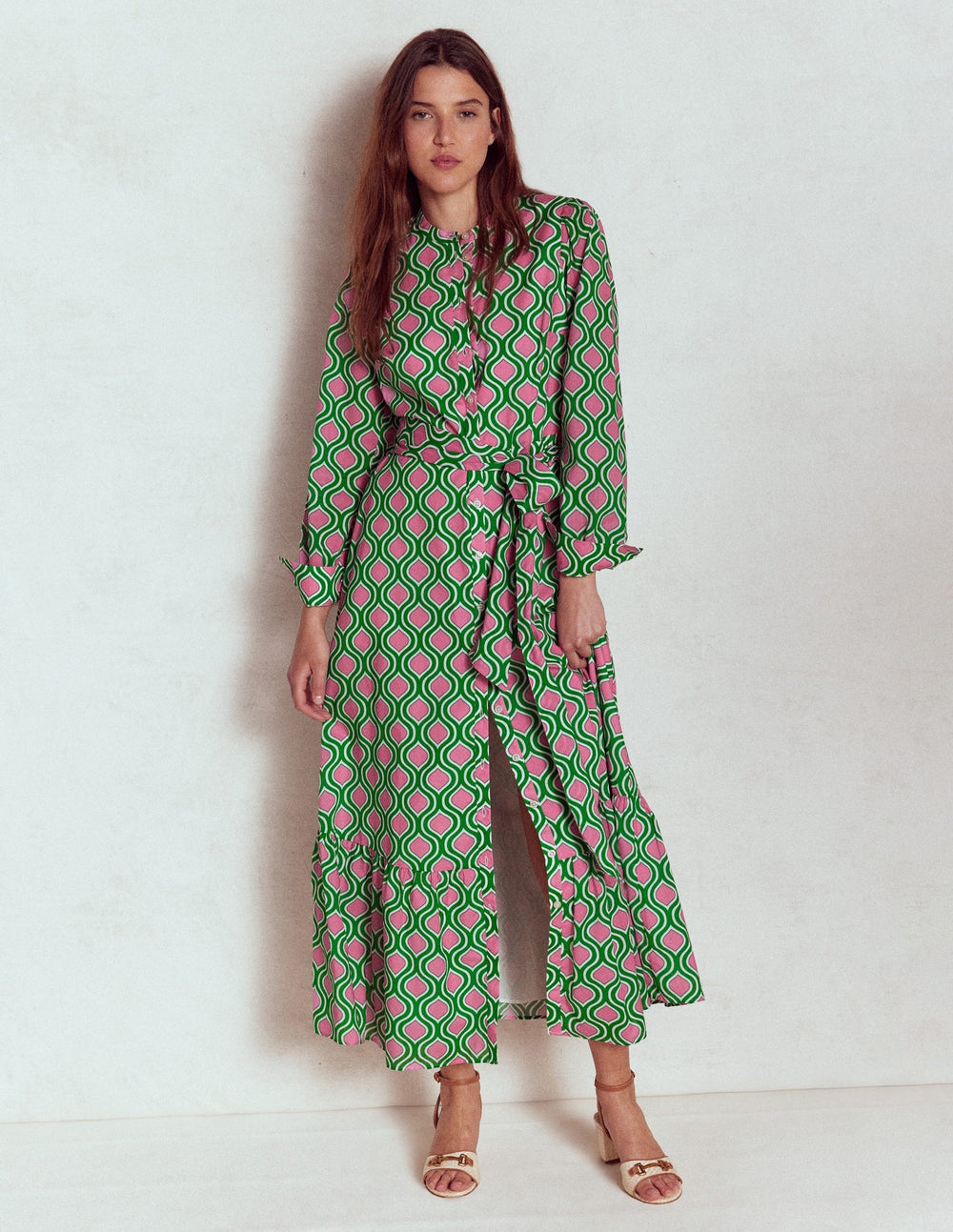 Mia Tiered Shirt Dress - Rich Emerald, Geo Trellis