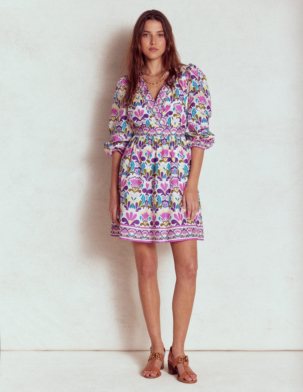 Mya Cotton Short Dress - Royal Purple, Freesia Stamp