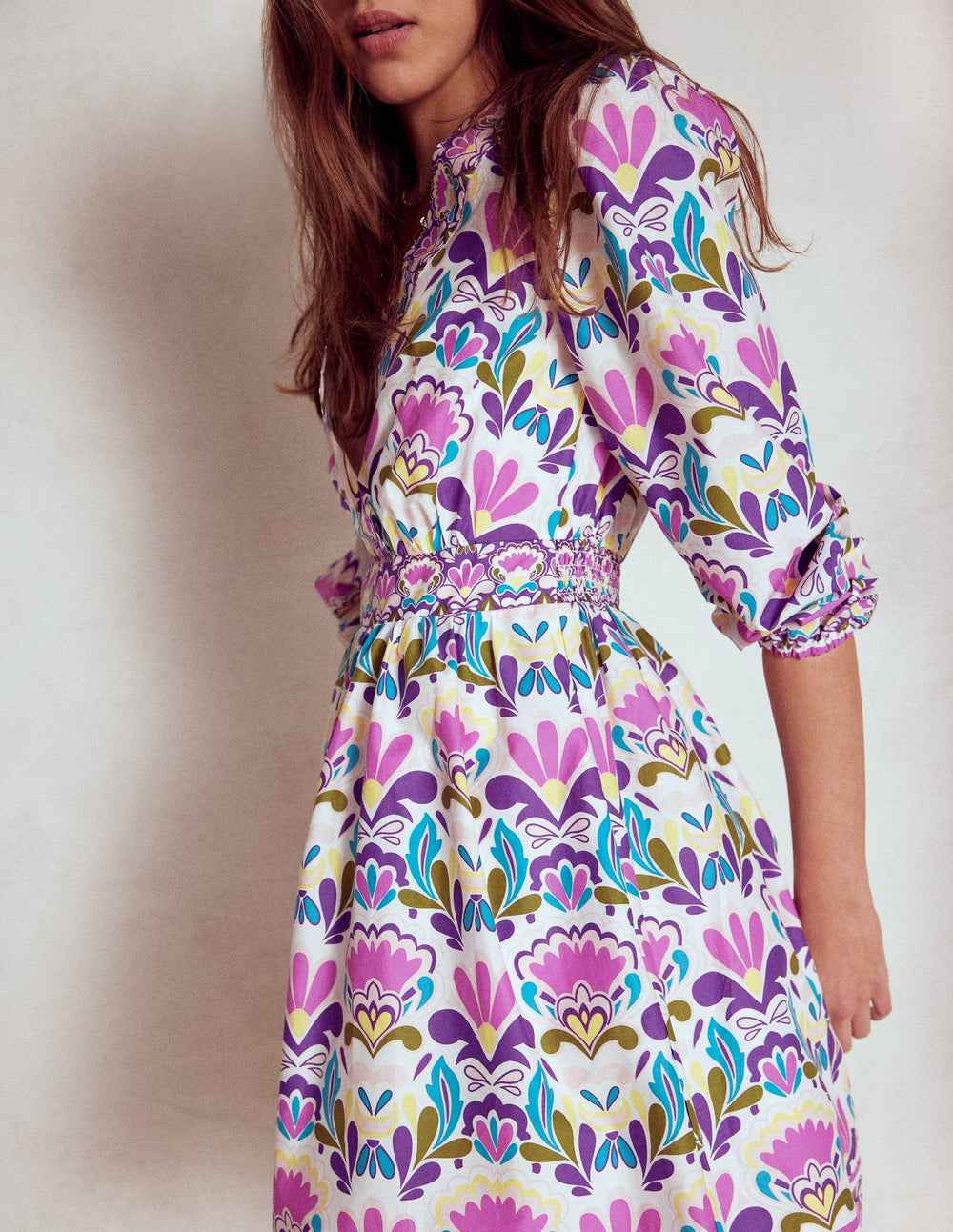 Mya Cotton Short Dress - Royal Purple, Freesia Stamp