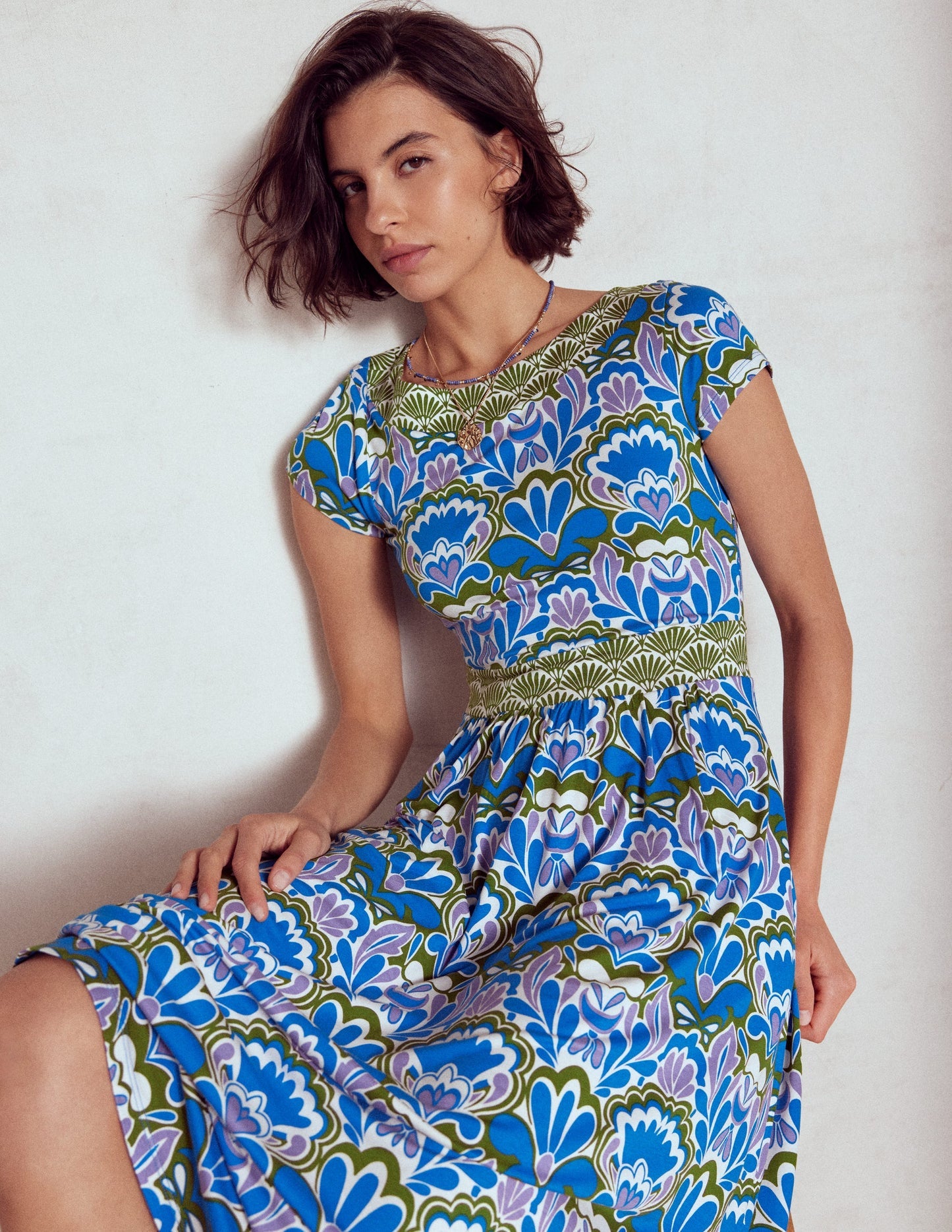Melanie Jersey Midi Dress - Kingfisher Blue, Freesia Stamp