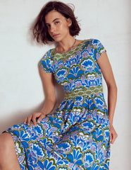 Melanie Jersey Midi Dress - Kingfisher Blue, Freesia Stamp
