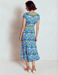 Melanie Jersey Midi Dress - Kingfisher Blue, Freesia Stamp