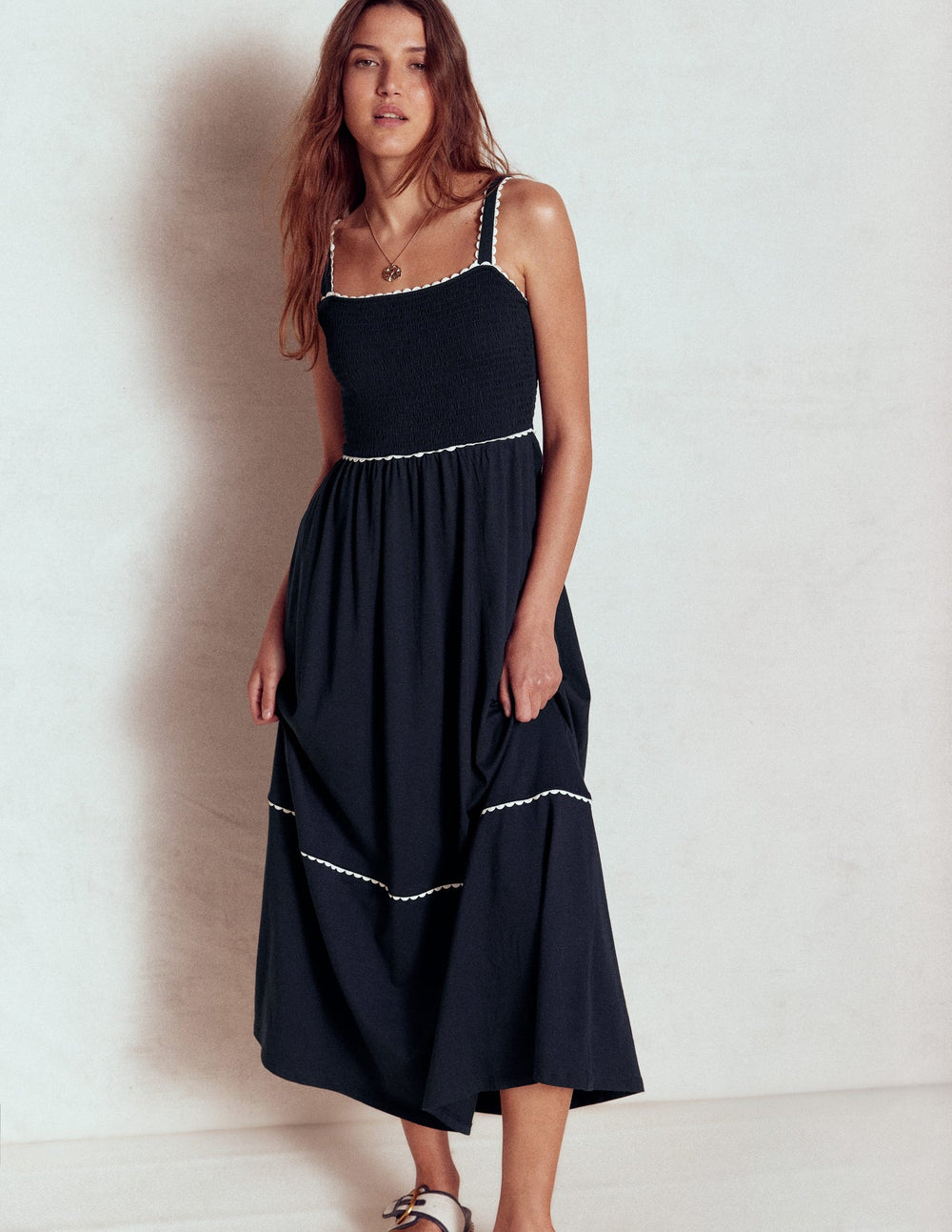 Smocked Trim Maxi Dress - Navy