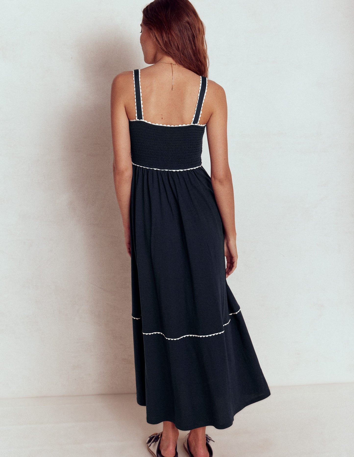 Smocked Trim Maxi Dress - Navy
