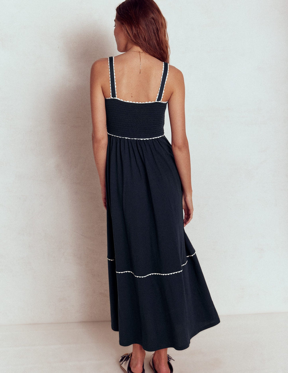 Smocked Trim Maxi Dress - Navy