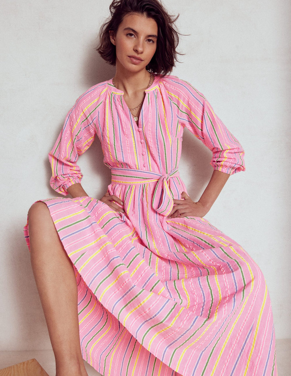 Faye Cotton Maxi Dress - Sorbet Pink, Seersucker Stripe