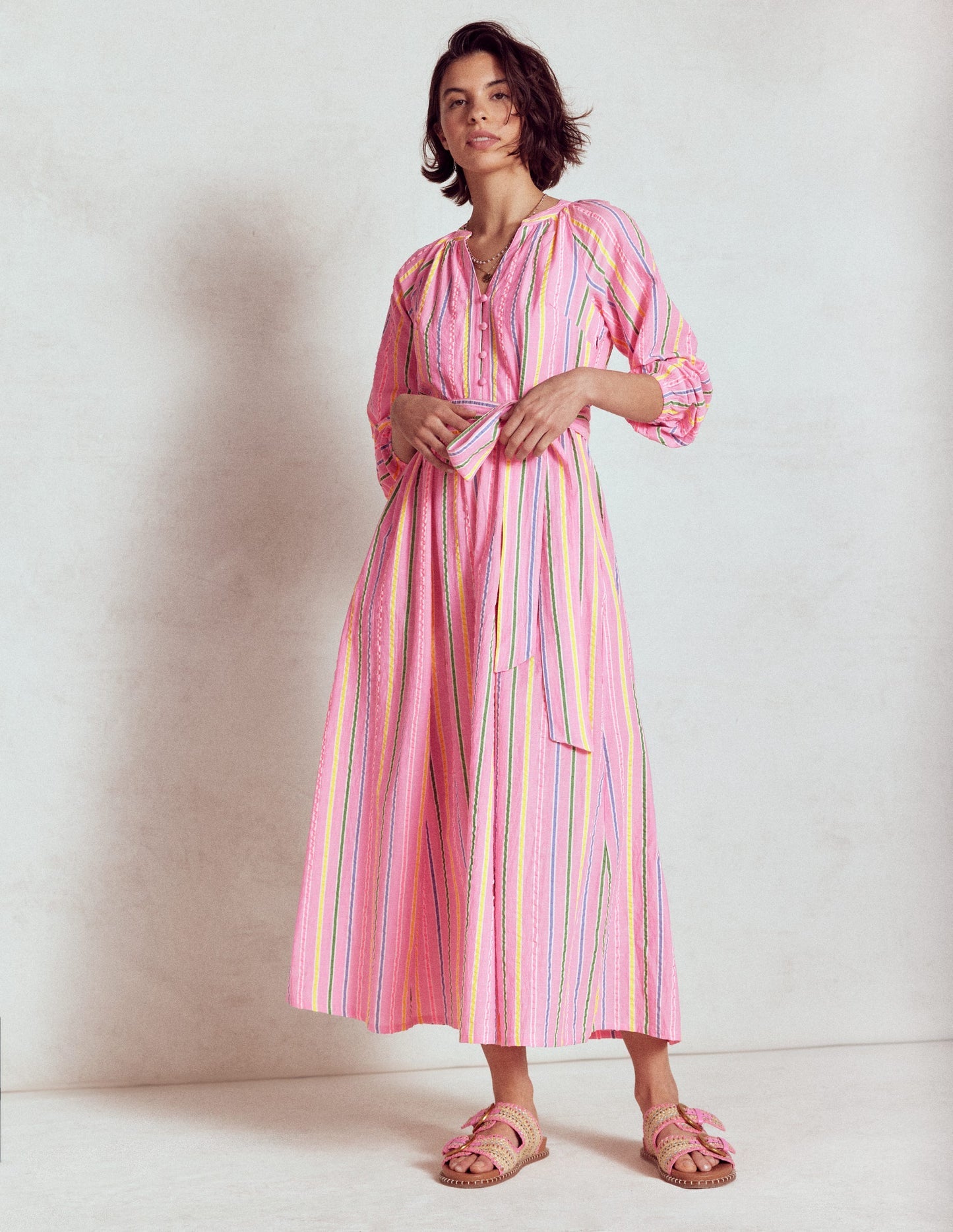 Faye Cotton Maxi Dress - Sorbet Pink, Seersucker Stripe
