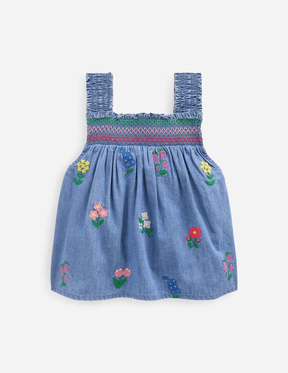 Smocked Woven Top - Chambray Cross Stitch Flowers