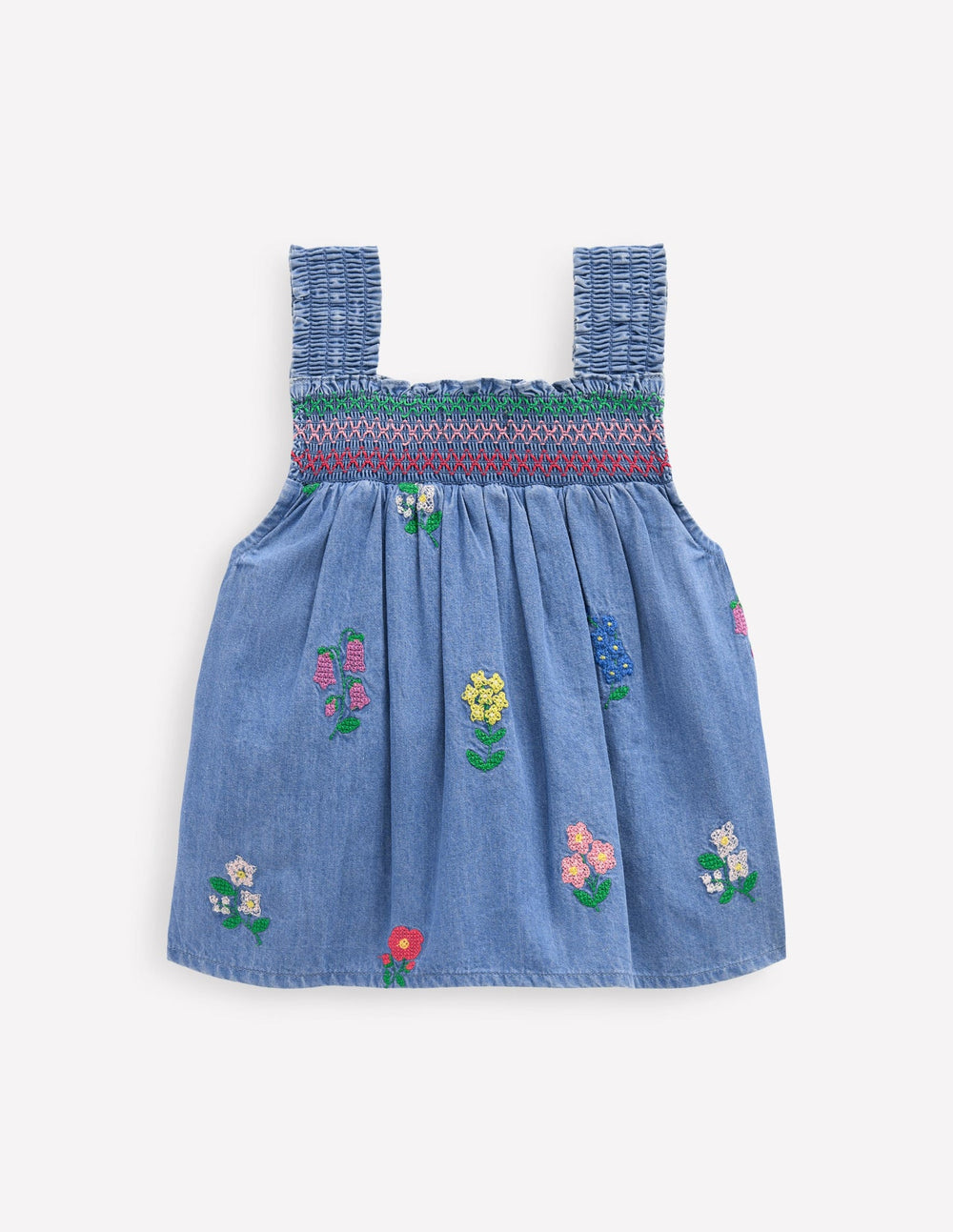 Smocked Woven Top - Chambray Cross Stitch Flowers