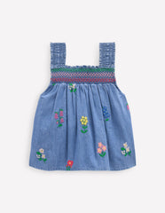 Smocked Woven Top - Chambray Cross Stitch Flowers