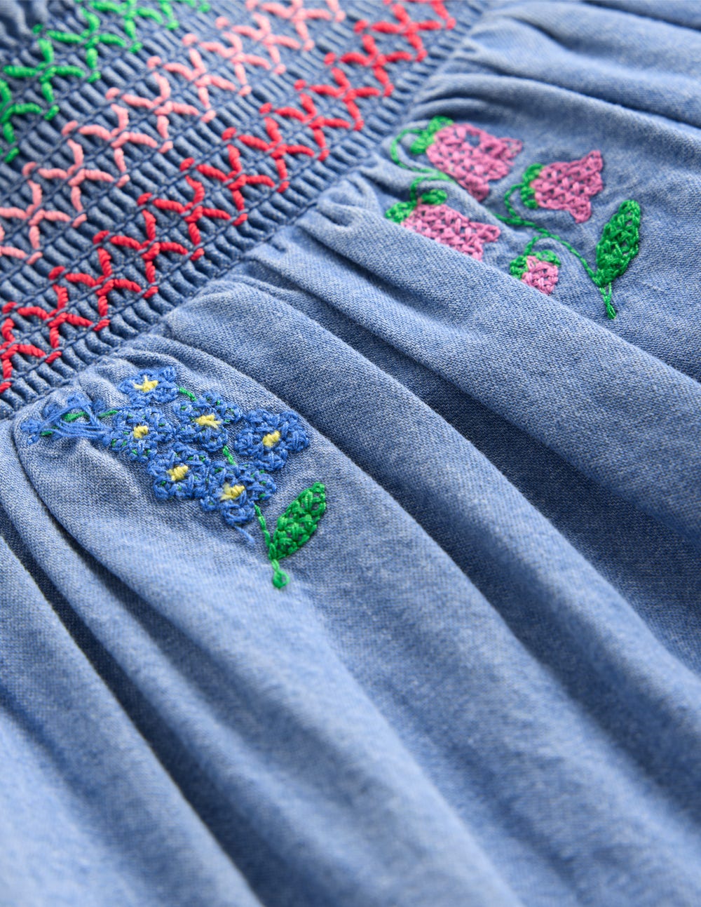 Smocked Woven Top - Chambray Cross Stitch Flowers