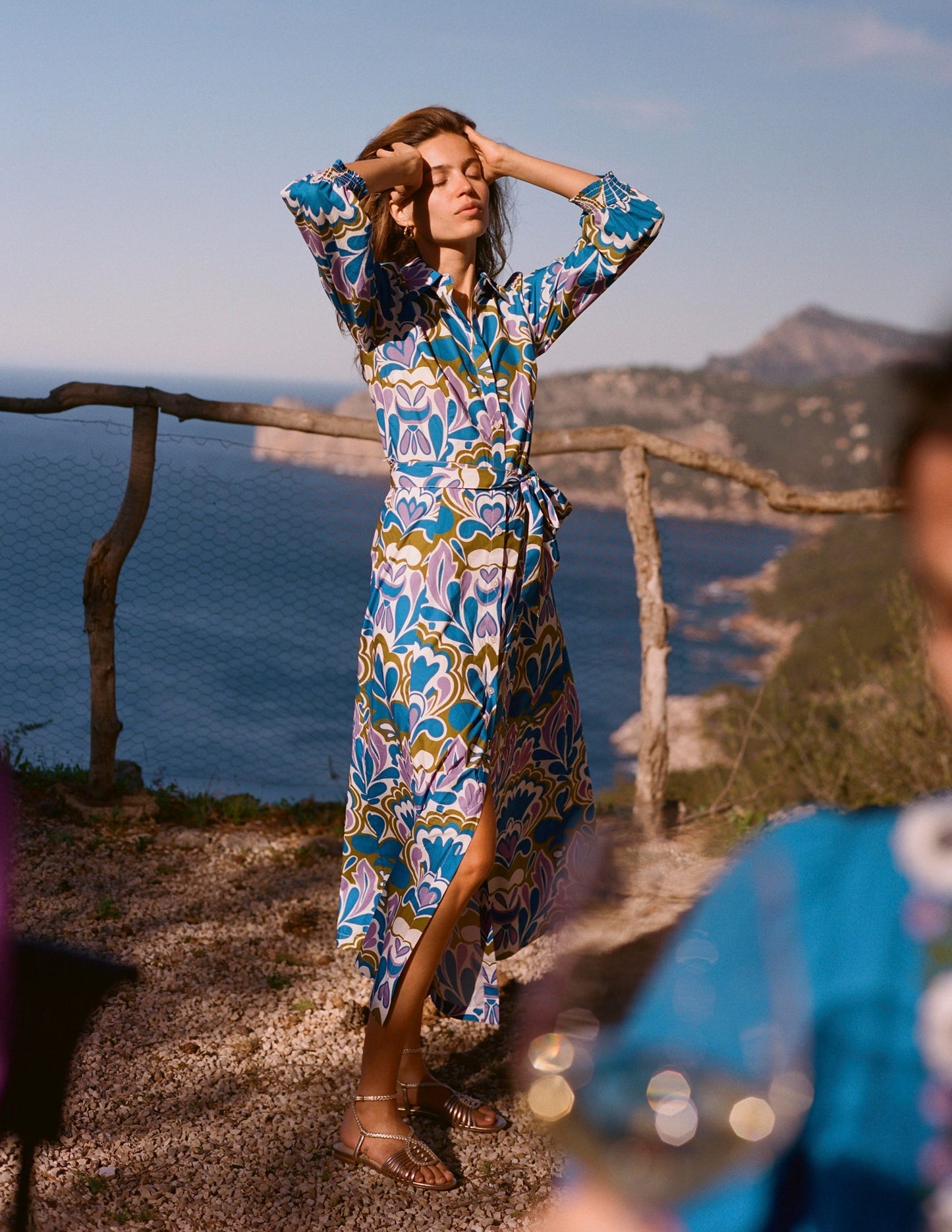Clara Cotton Shirt Dress - Kingfisher Blue, Freesia Stamp