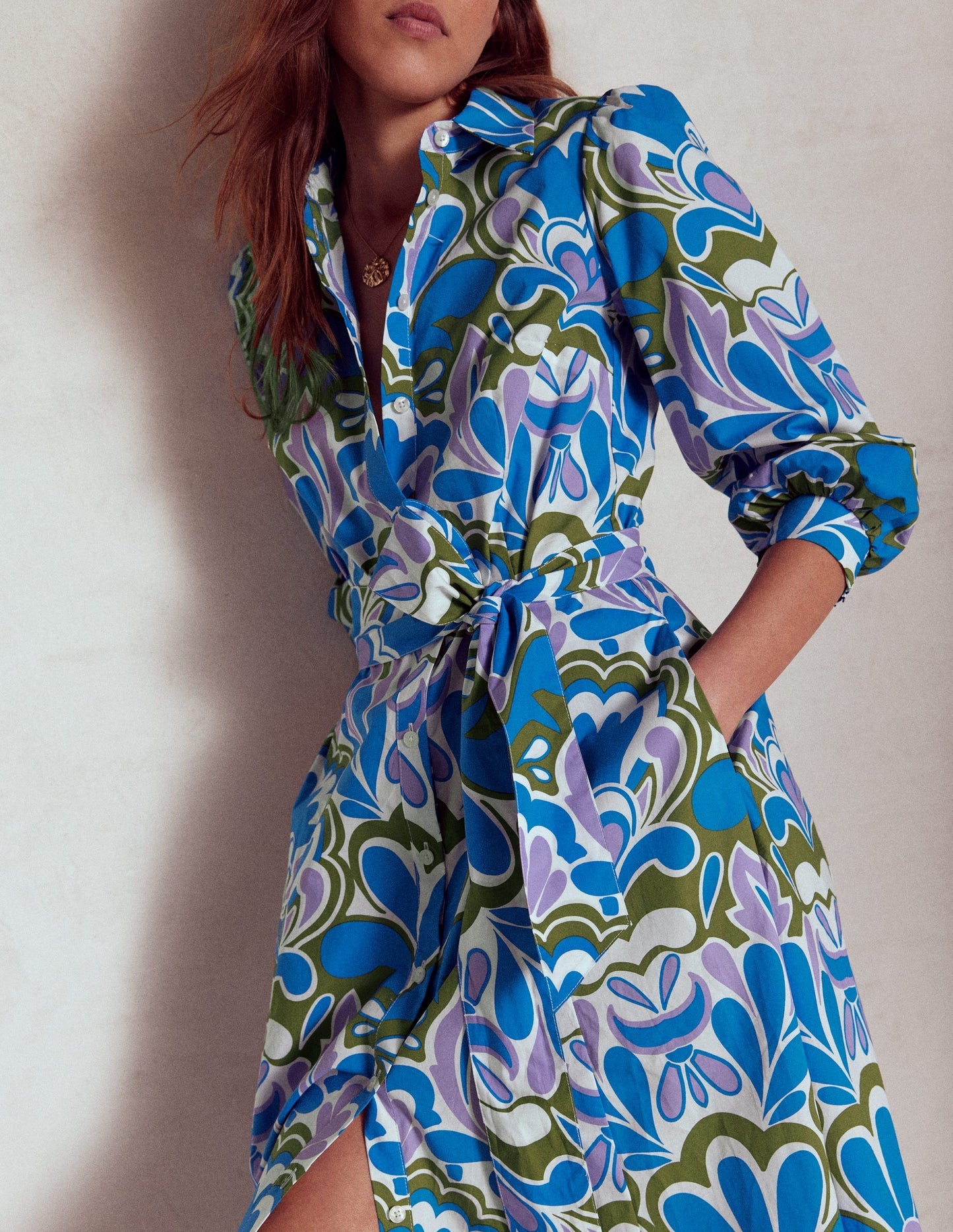 Clara Cotton Shirt Dress - Kingfisher Blue, Freesia Stamp