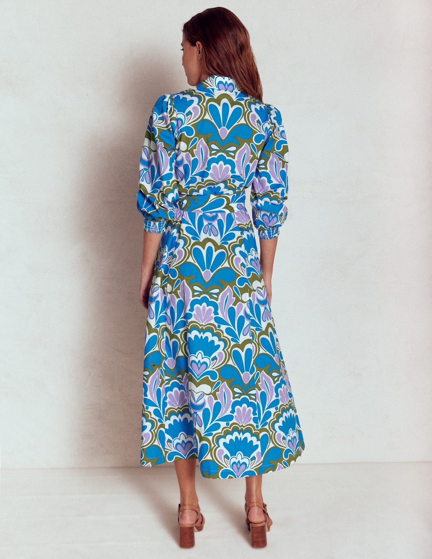 Clara Cotton Shirt Dress - Kingfisher Blue, Freesia Stamp