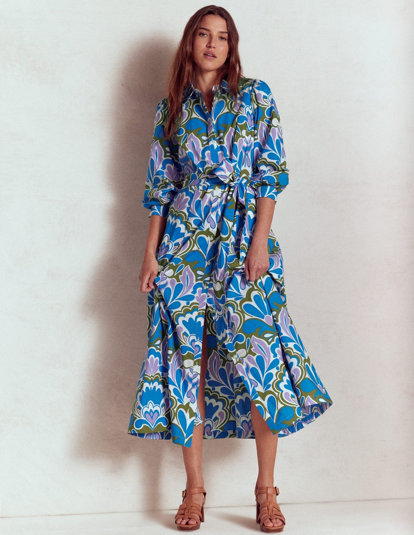 Clara Cotton Shirt Dress - Kingfisher Blue, Freesia Stamp
