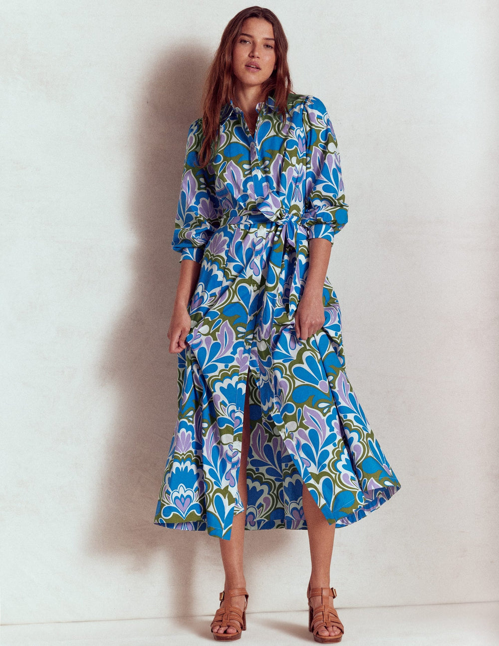 Clara Cotton Shirt Dress - Kingfisher Blue, Freesia Stamp