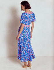 Ellie Flutter Maxi Tea Dress - Kingfisher Blue, Foliage Trail