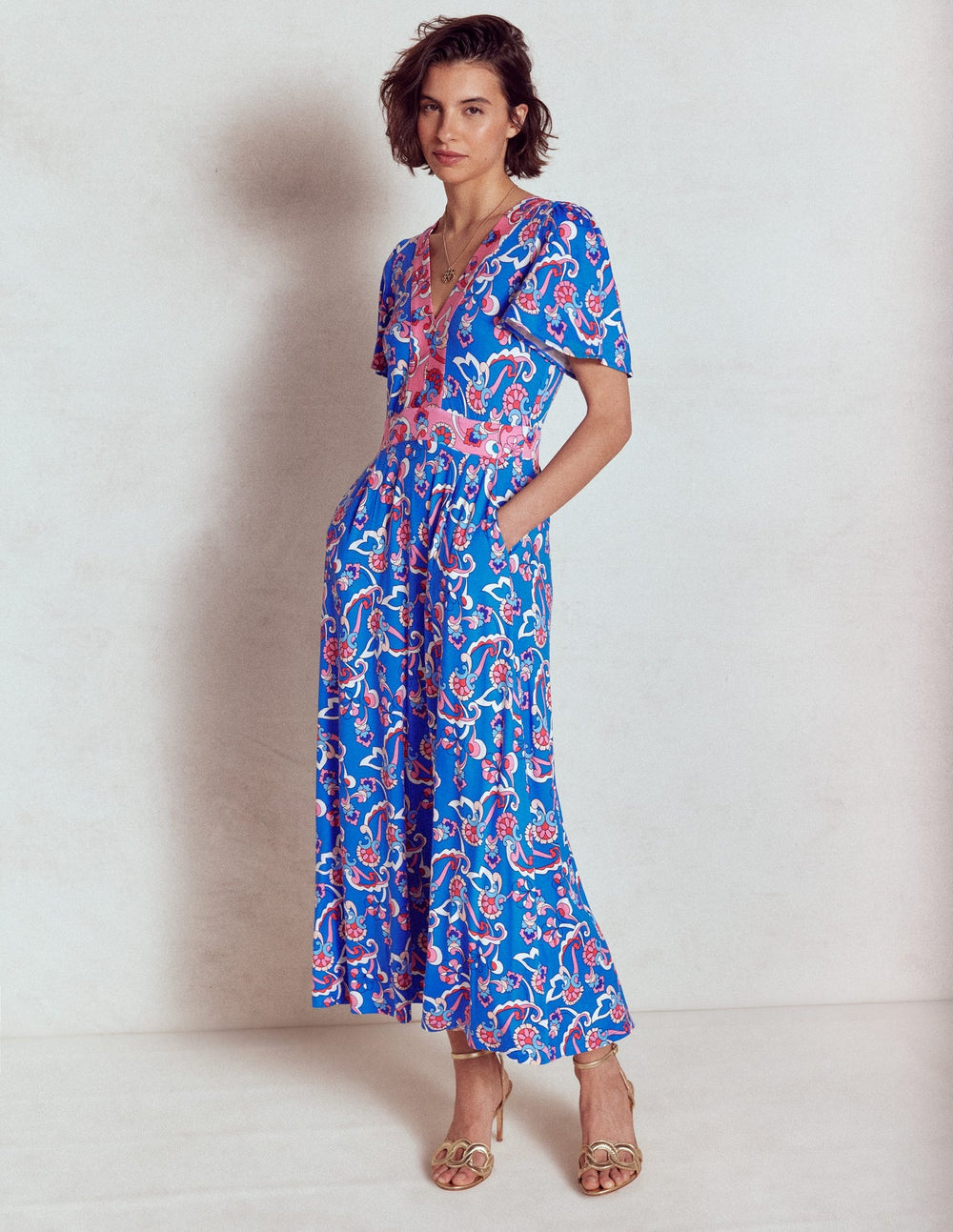 Ellie Flutter Maxi Tea Dress - Kingfisher Blue, Foliage Trail