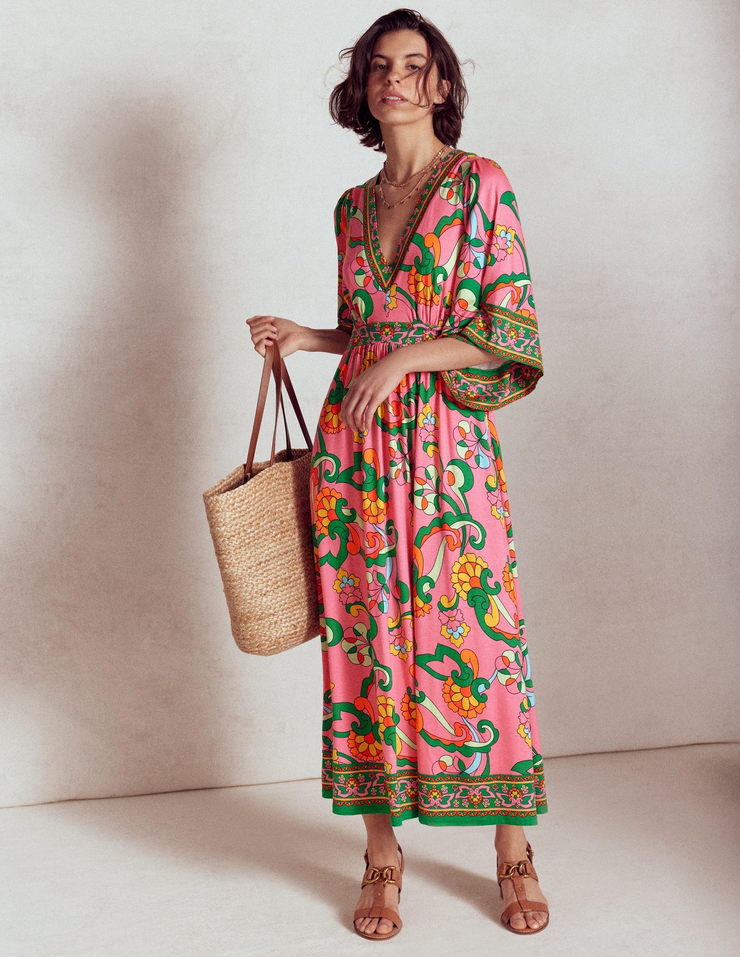 Maya Kimono Jersey Maxi Dress - Pink Rose, Foliage Trail