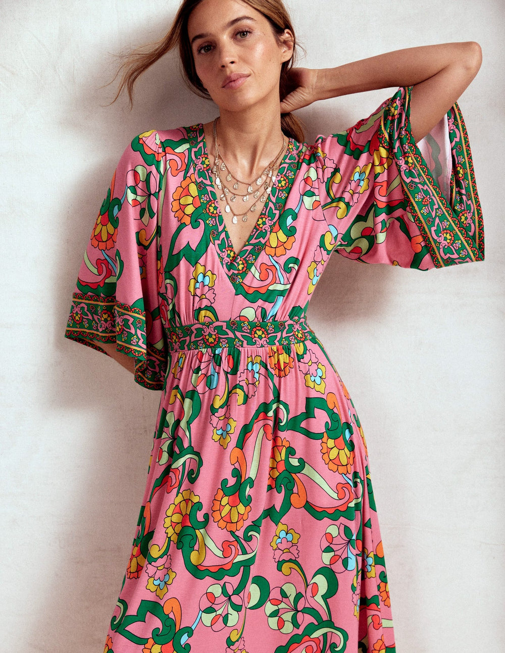Maya Kimono Jersey Maxi Dress - Pink Rose, Foliage Trail