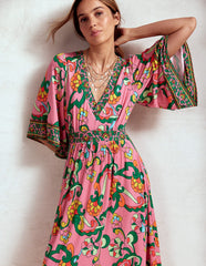 Maya Kimono Jersey Maxi Dress - Pink Rose, Foliage Trail