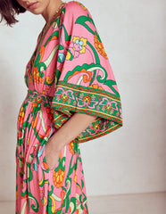 Maya Kimono Jersey Maxi Dress - Pink Rose, Foliage Trail