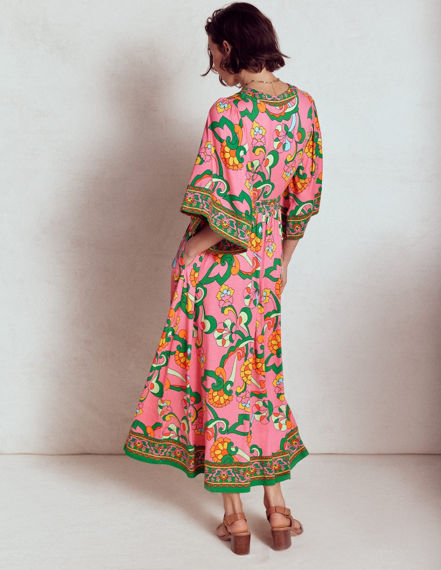 Maya Kimono Jersey Maxi Dress - Pink Rose, Foliage Trail