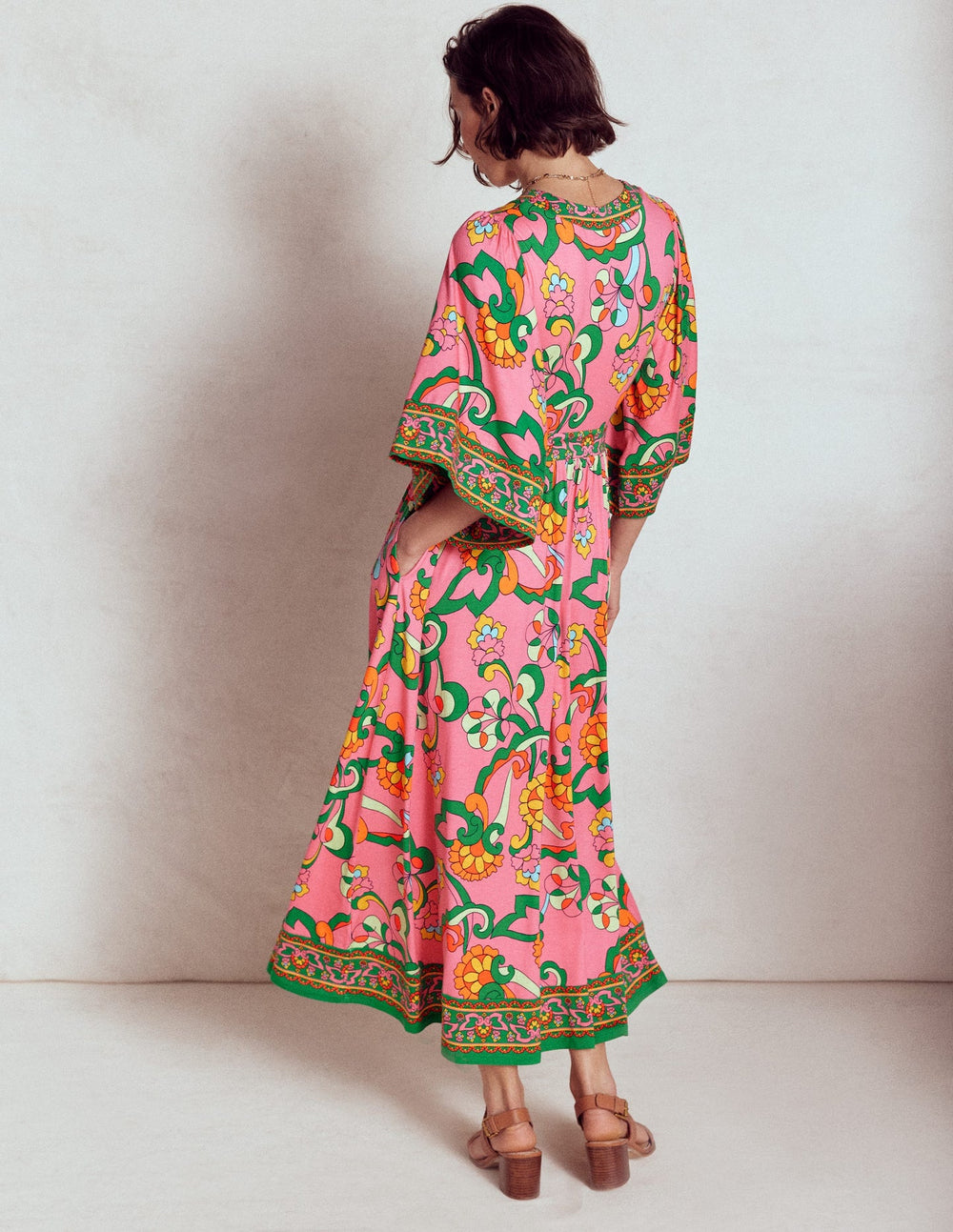 Maya Kimono Jersey Maxi Dress - Pink Rose, Foliage Trail