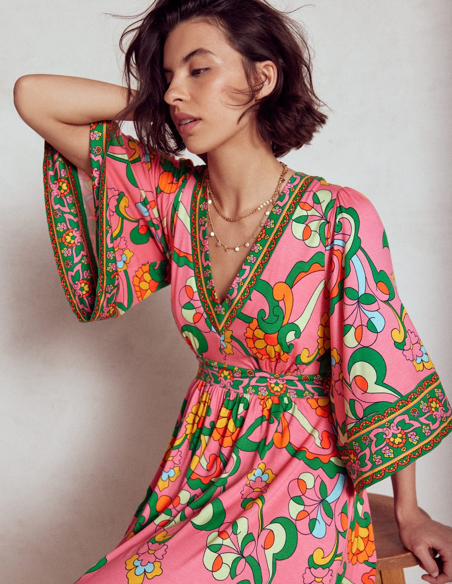 Maya Kimono Jersey Maxi Dress - Pink Rose, Foliage Trail