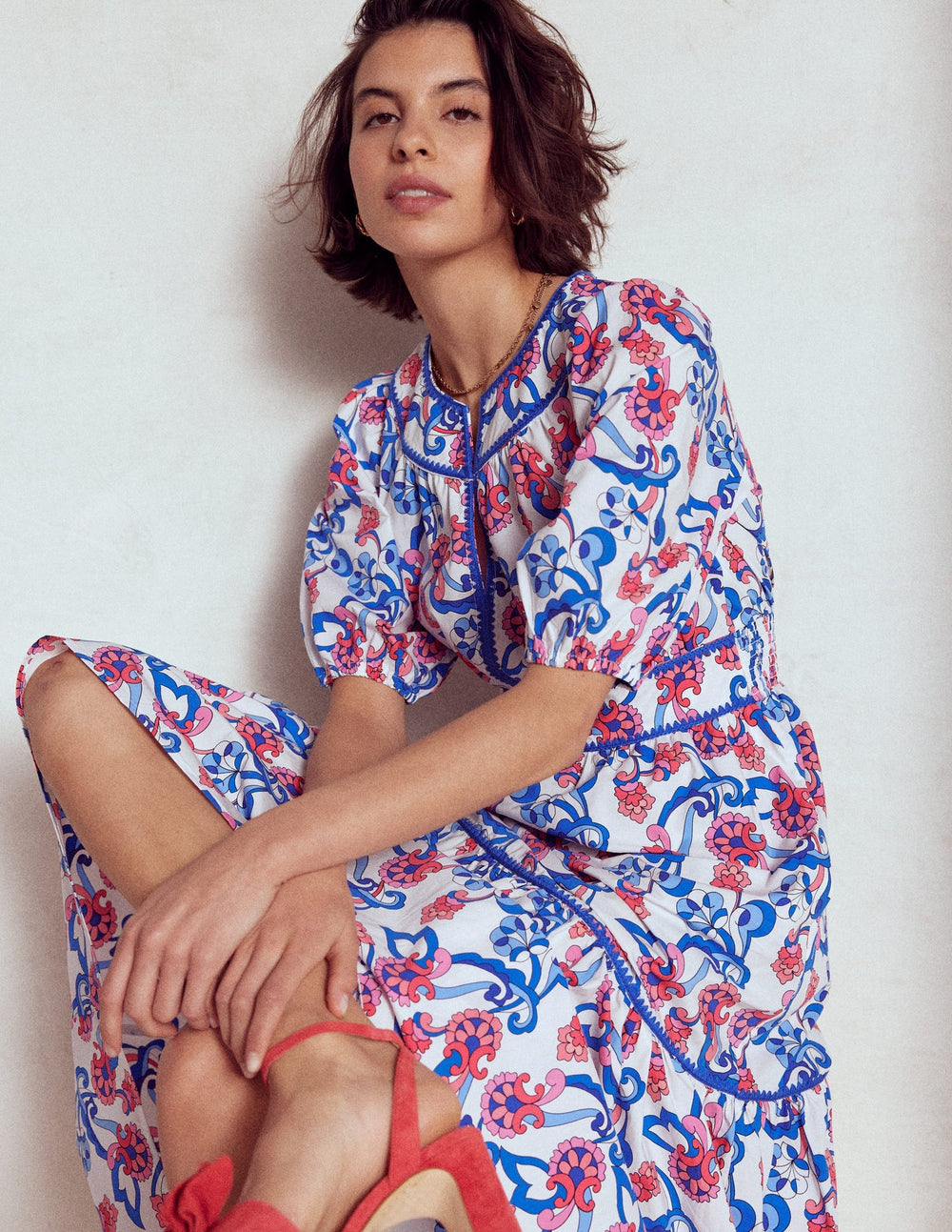 Rhea Embroidered Midi Dress - Ivory, Foliage Trail