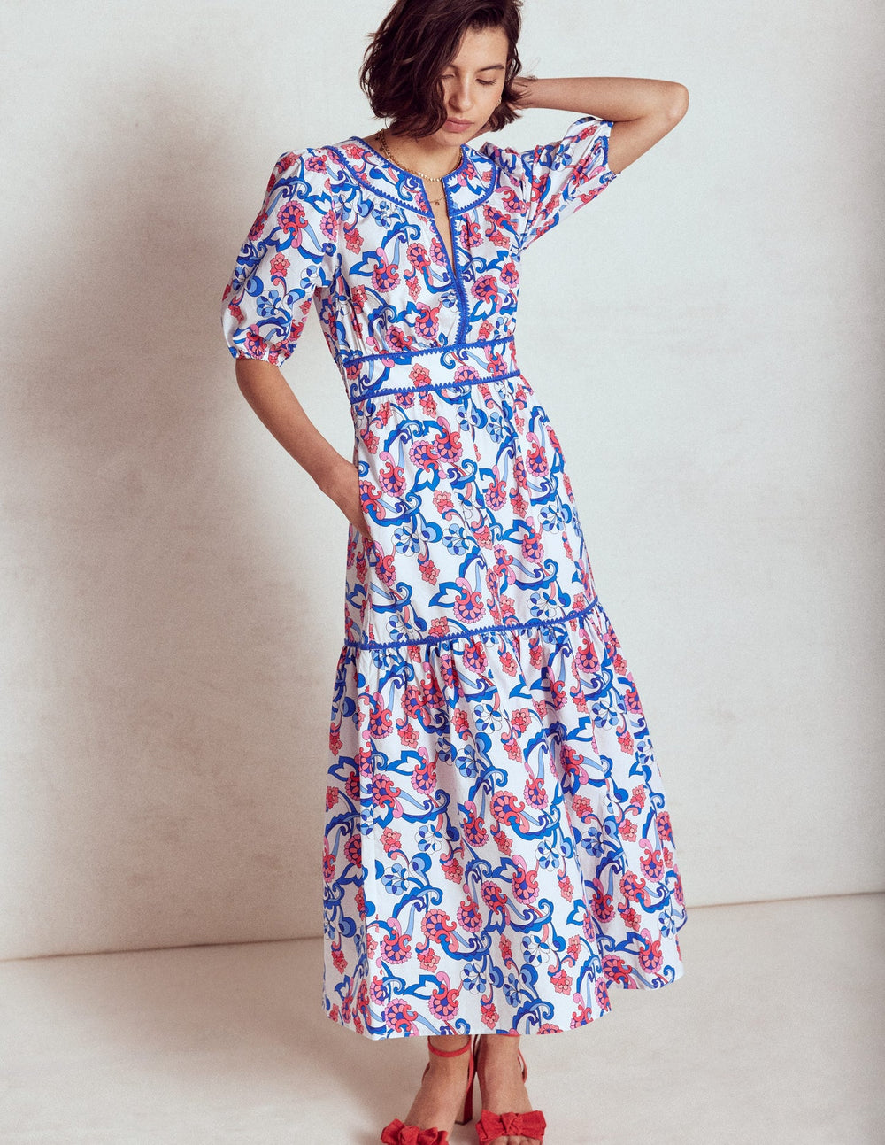 Rhea Embroidered Midi Dress - Ivory, Foliage Trail