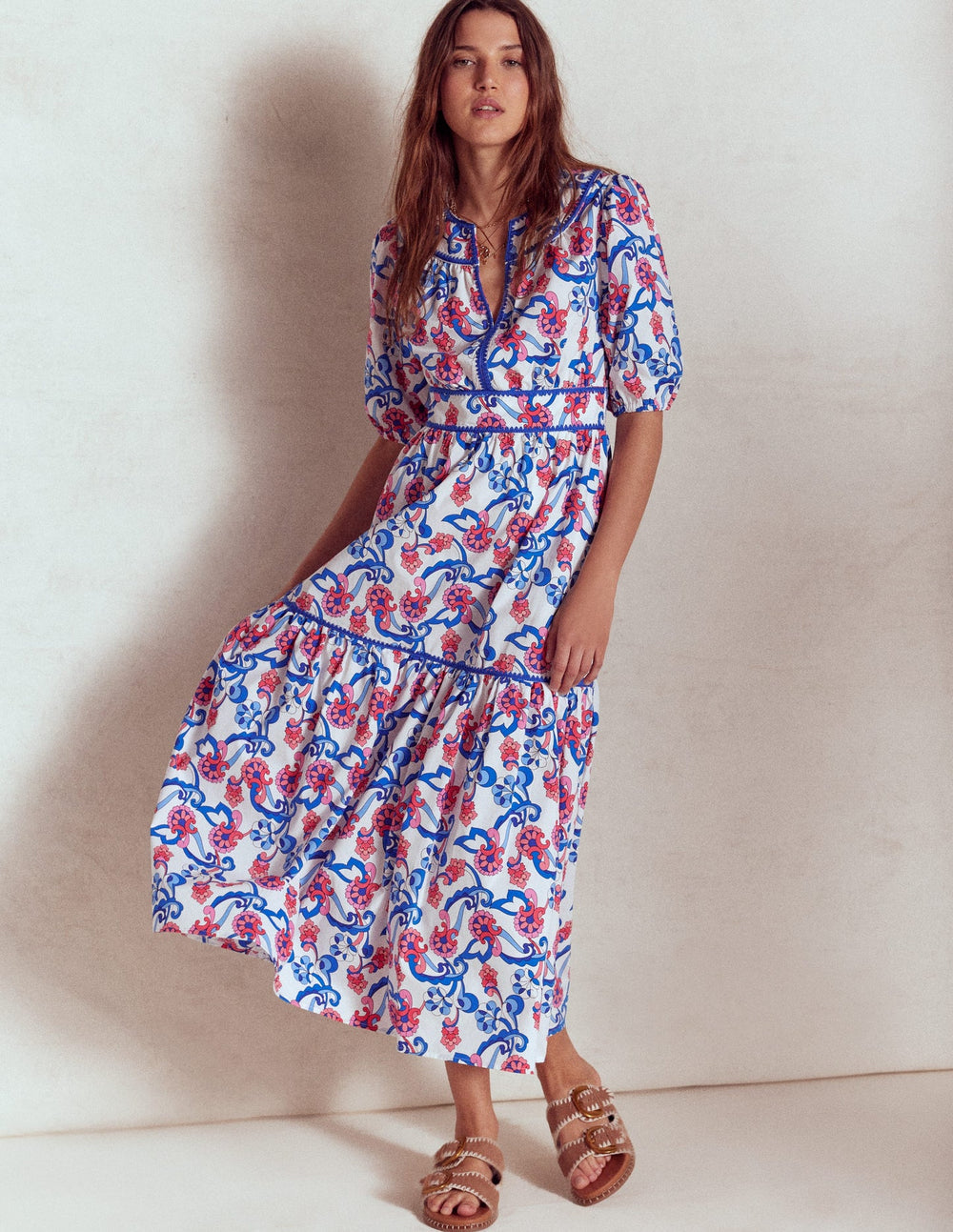 Rhea Embroidered Midi Dress - Ivory, Foliage Trail