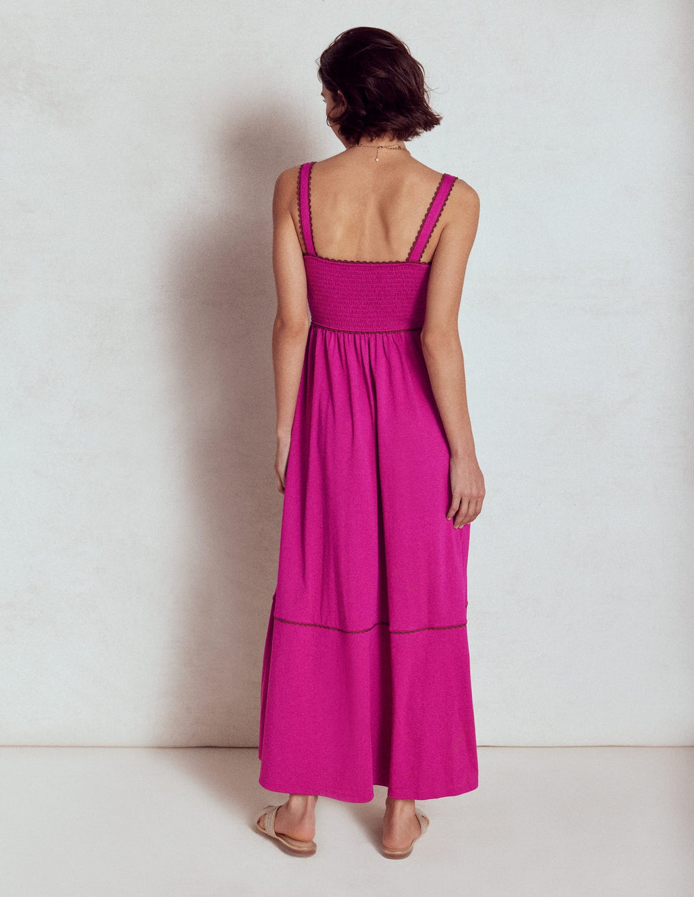 Smocked Trim Maxi Dress - Fuchsia