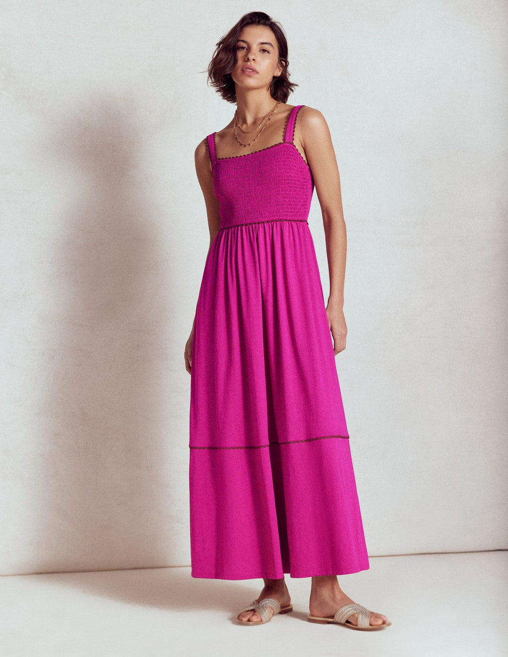 Smocked Trim Maxi Dress - Fuchsia
