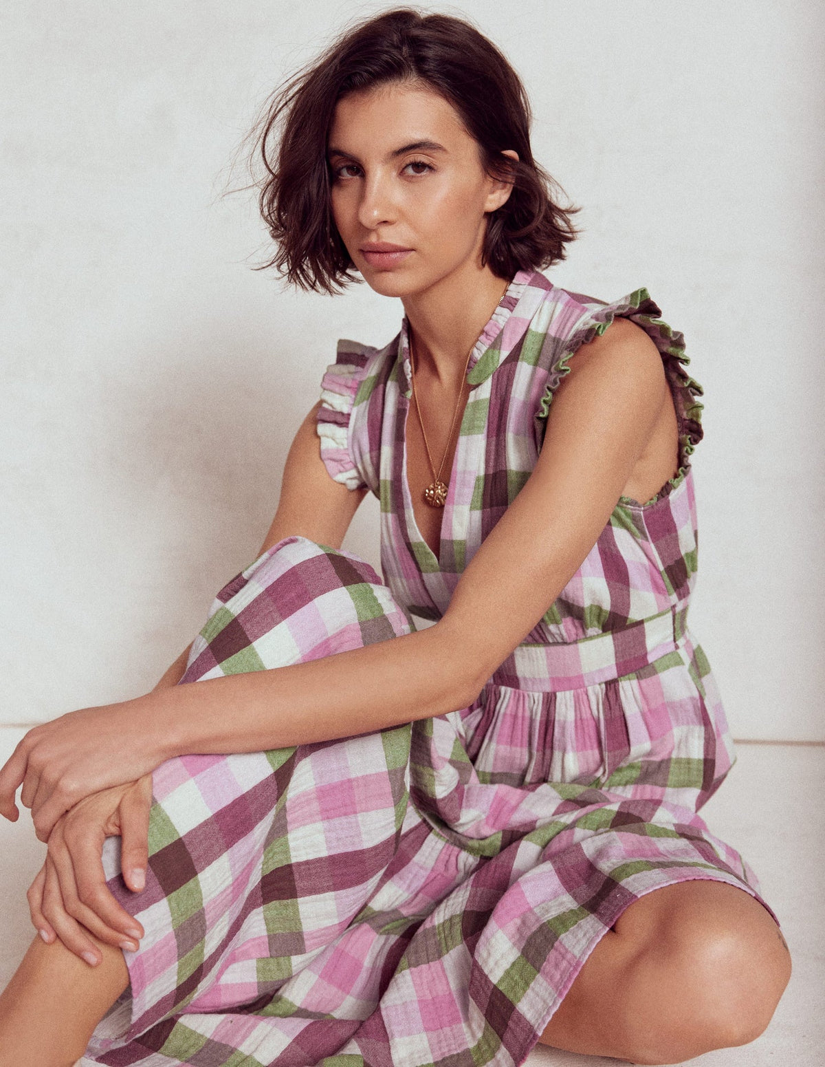 Wren Double Cloth Midi Dress - Pink and Green Multigingham