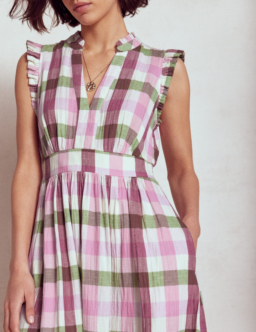 Wren Double Cloth Midi Dress - Pink and Green Multigingham