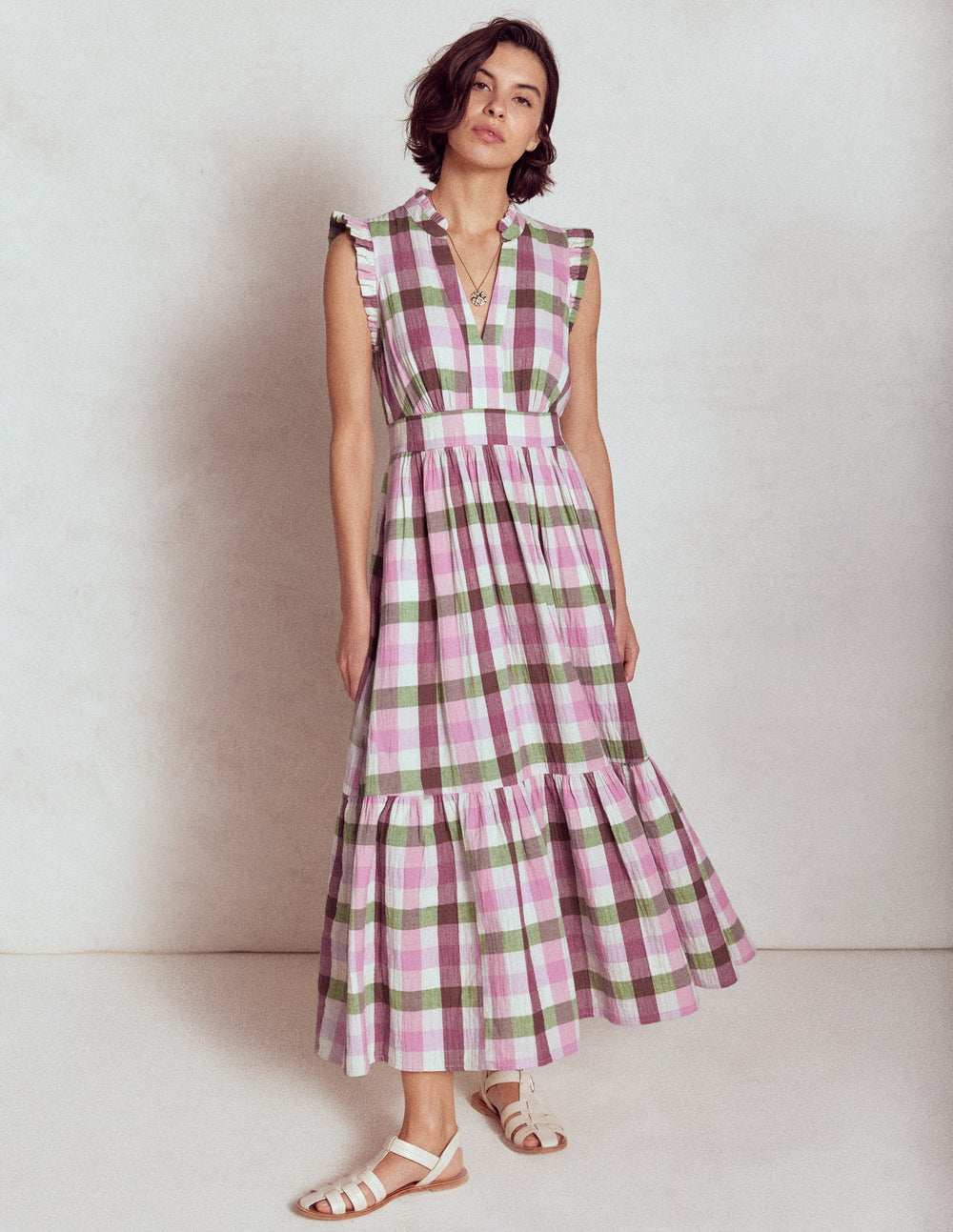 Wren Double Cloth Midi Dress - Pink and Green Multigingham