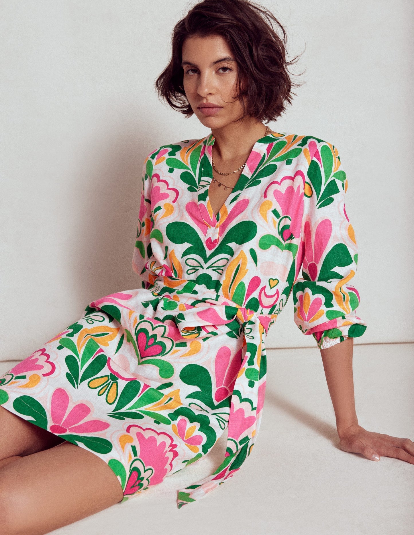 Cleo Linen Tie Waist Dress - Multi, Freesia Stamp