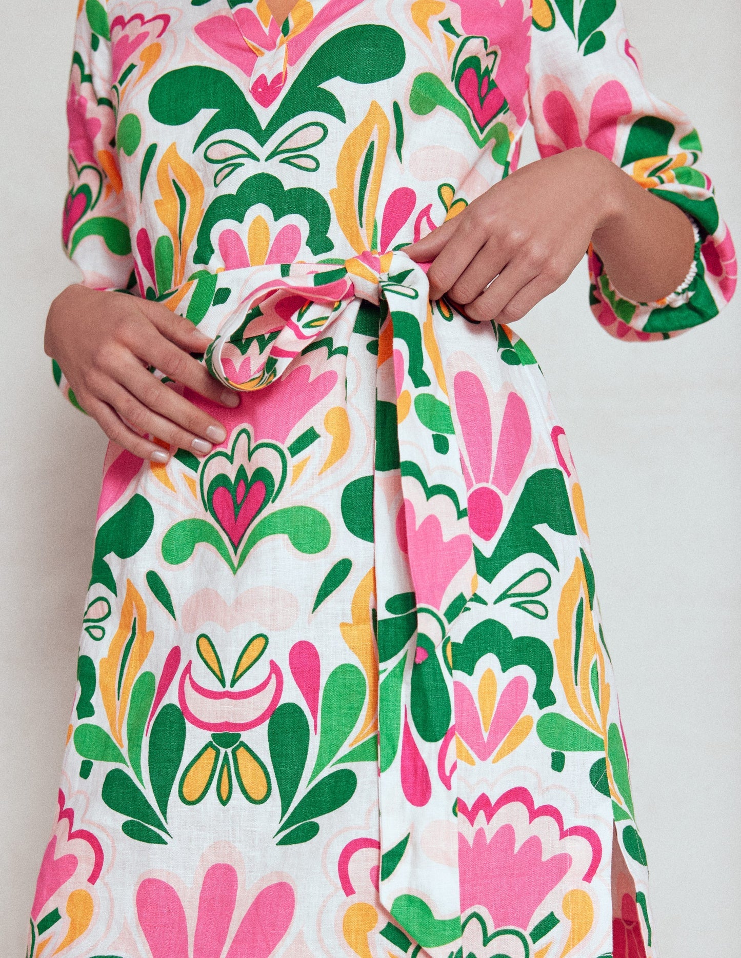 Cleo Linen Tie Waist Dress - Multi, Freesia Stamp
