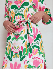 Cleo Linen Tie Waist Dress - Multi, Freesia Stamp