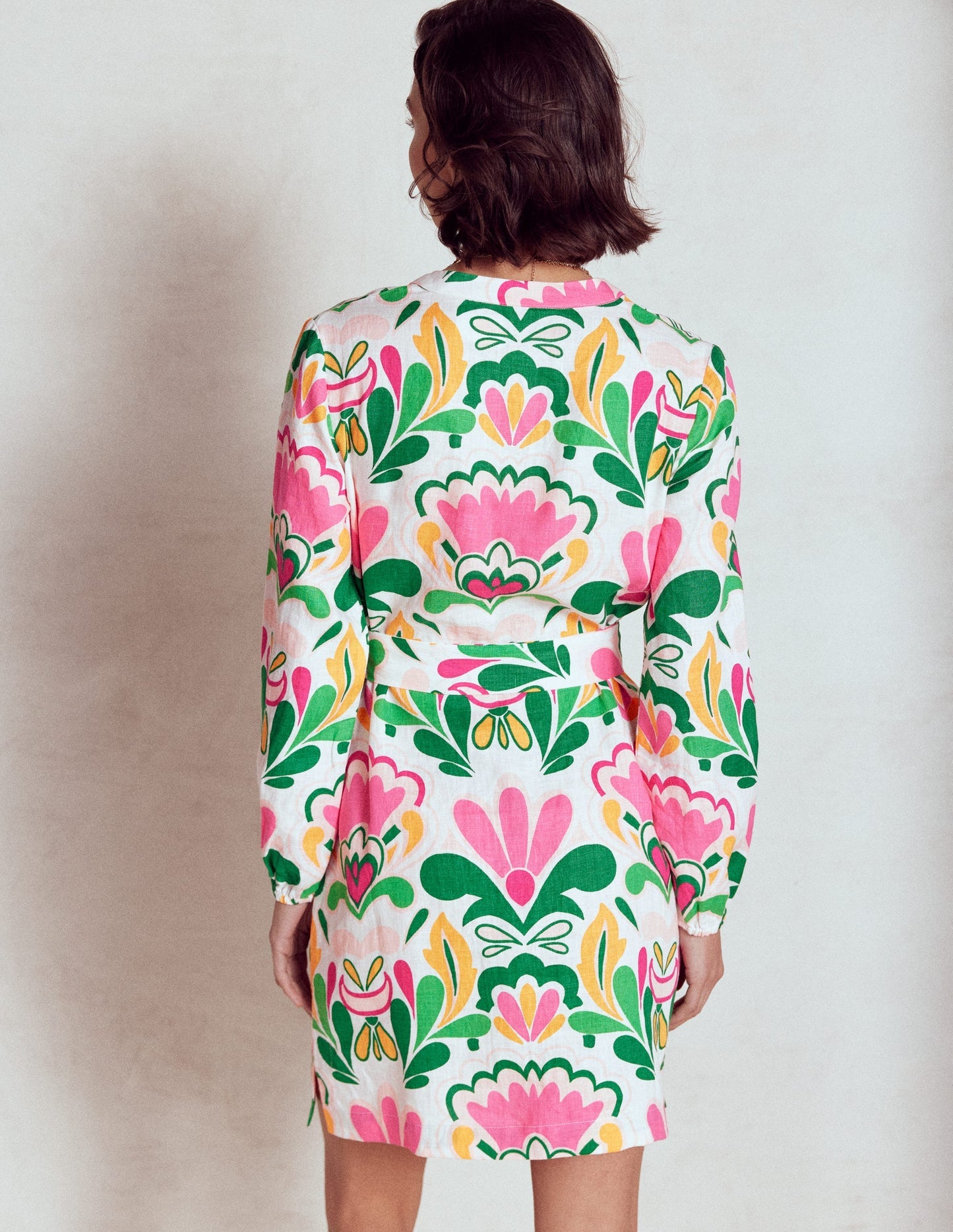 Cleo Linen Tie Waist Dress - Multi, Freesia Stamp